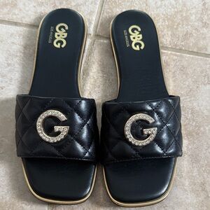 GBG Los Angeles Black Quilted Sandals with Gold Accents
